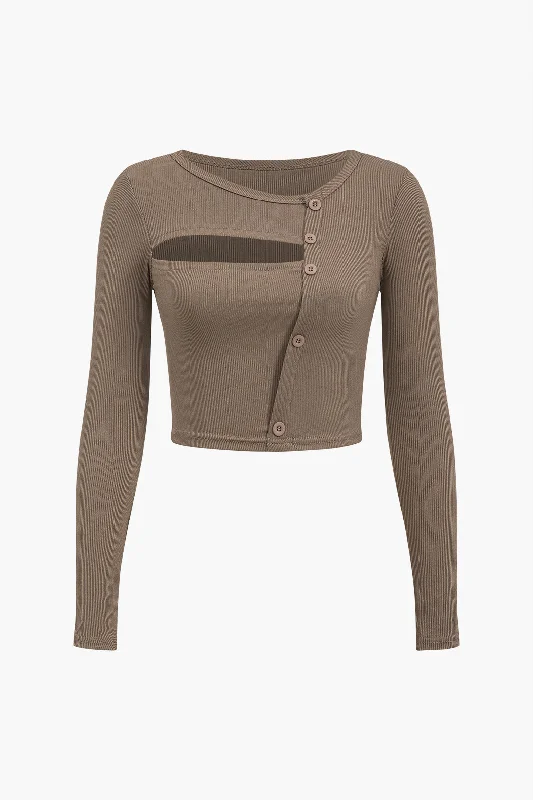 Hurry! Special Deals Ending Soon Asymmetry Cut Out Button Long-Sleeve Top