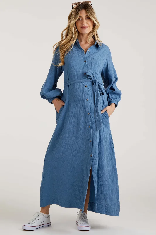 Relaxed Fit Women's Fashion Blue Gauze Belted Shirt Maternity Midi Dress