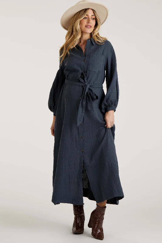 Early Bird Offer Charcoal Gauze Belted Shirt Maternity Midi Dress