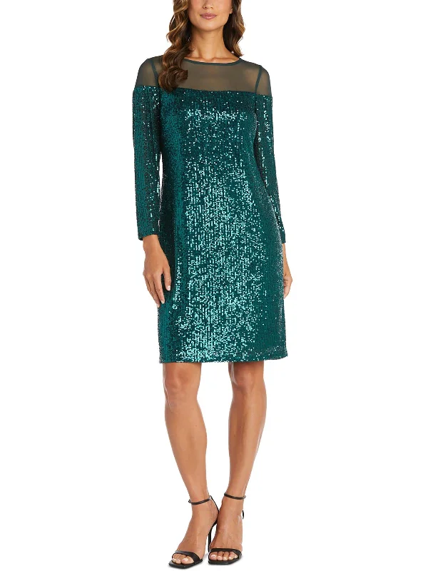 Clothes Woman Petites Womens Sequined Illusion Trim Cocktail and Party Dress