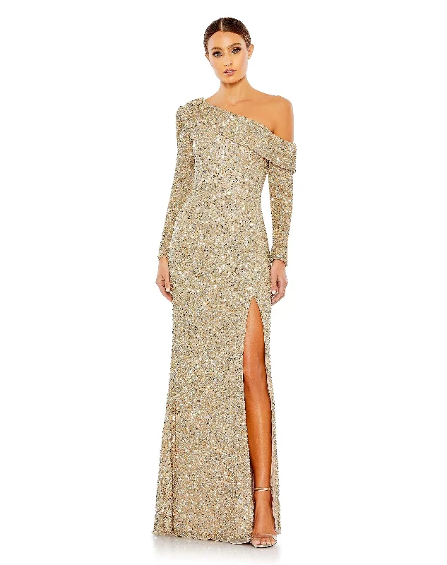 Women's Office Outfit Sequined Drop Shoulder Long Sleeve Gown